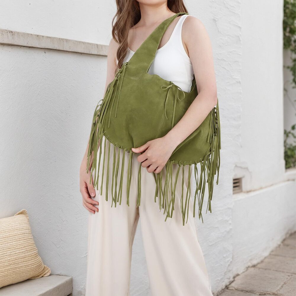 1967 vintage Fringe Shoulder Bags Western Hobo Handbags Vegan Faux Suede - Picture 3 of 7